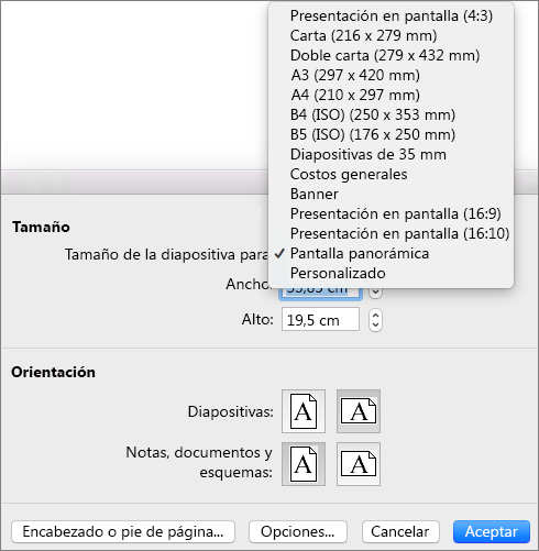 powerpoint para mac cambiar tamaño de diapositiva